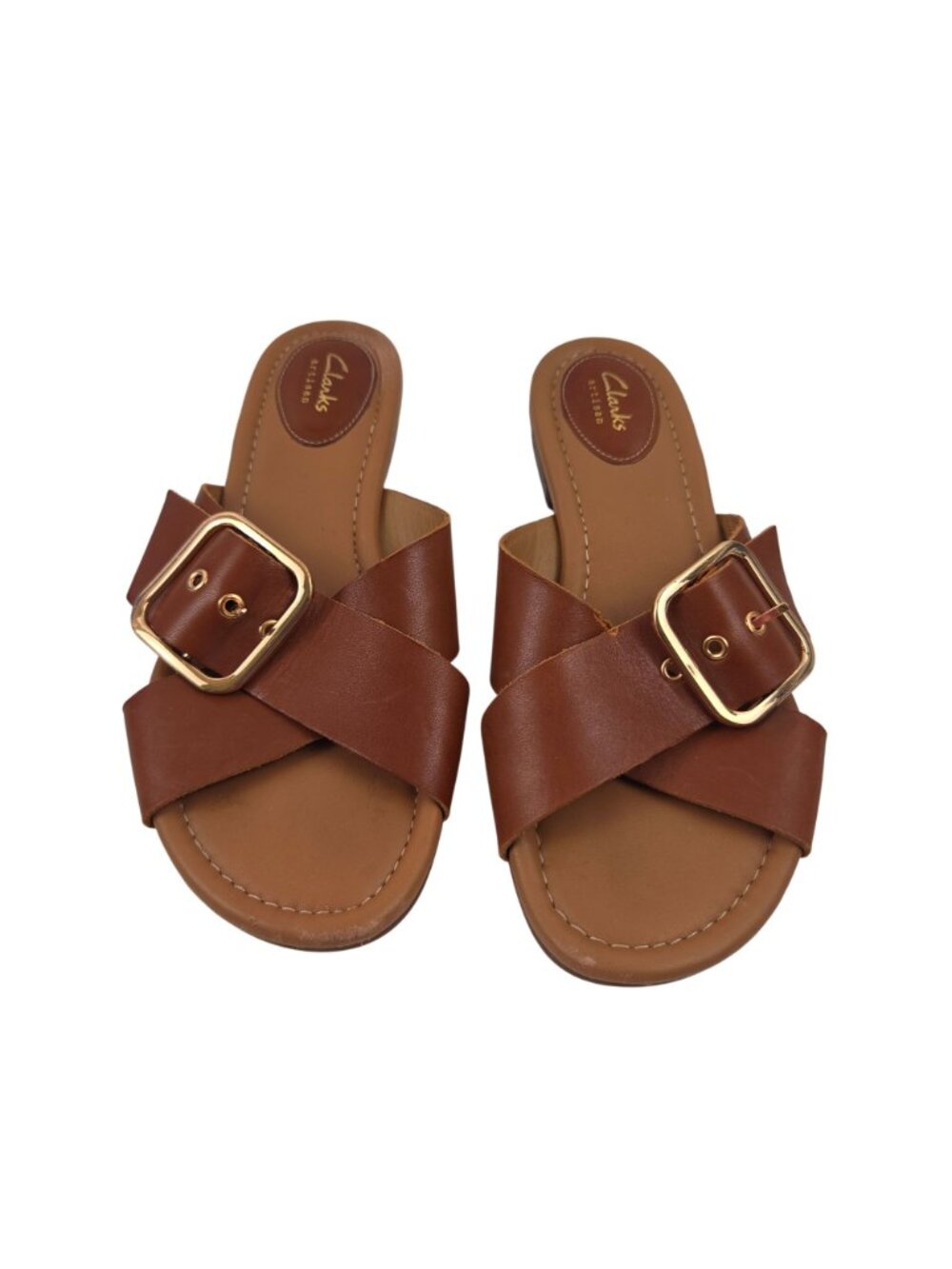 Clarks Artisan Sandals Womens 9.5 Brown Leather Straps Goldtone Buckle Flat Shoe - Picture 3 of 14